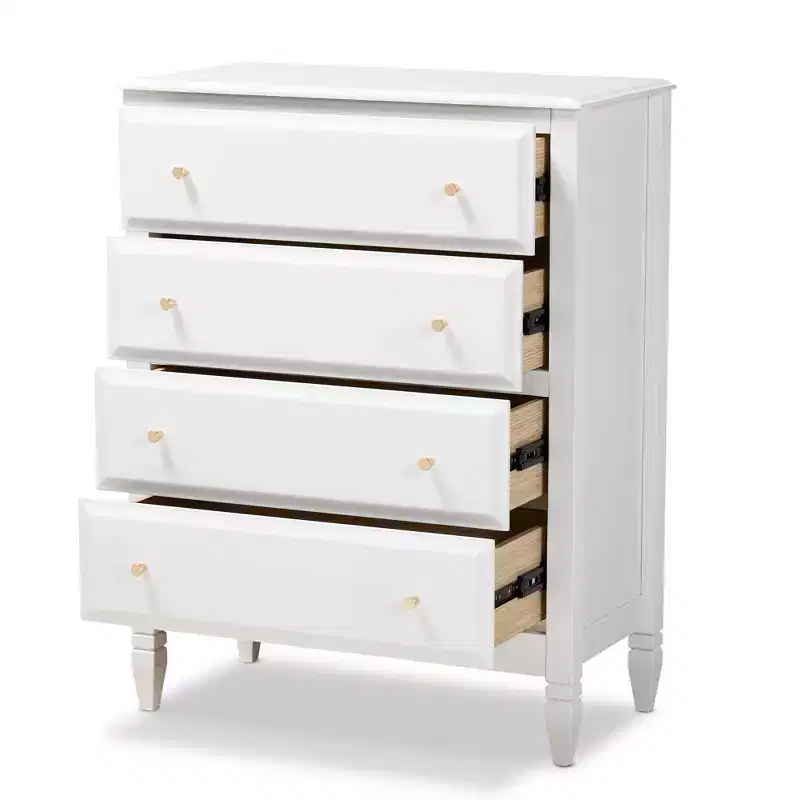 Baxton Studio 4 Drawer Naomi Wood Bedroom Chest White/Gold: Elegant Storage Solution with Anti-Tip Hardware