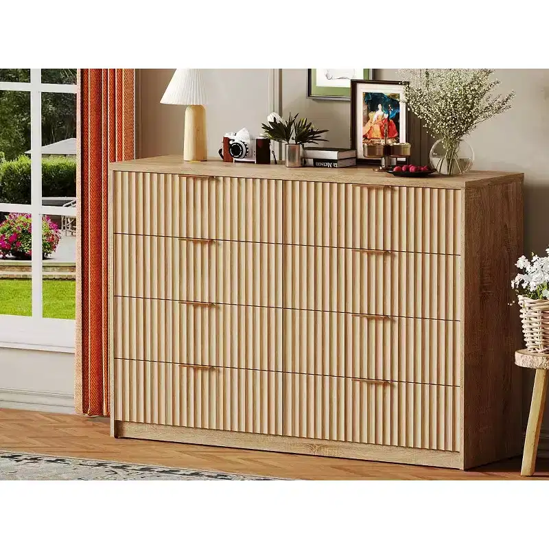 Fluted Dresser for Bedroom, 8 Drawer Dresser, Large Capacity & Anti-Tip, Modern Chest of Drawers with Metal Handles, Wooden Dressers Closet Storage