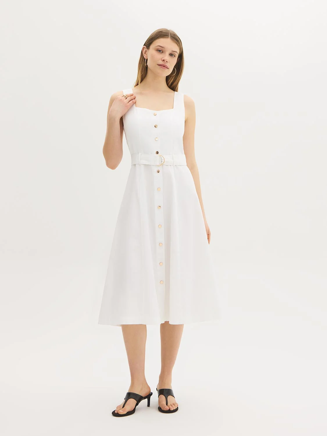 Cotton Denim Belted Midi Dress