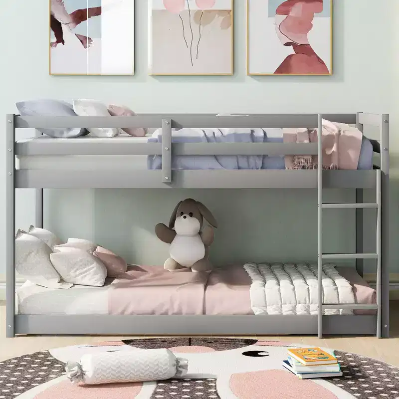 79.3IN Twin-Over-Twin Bunk Bed with Ladder, Kids Bunk Beds with Safety Guardrail, Bed Frames for Kids Room, Play Room, Gray