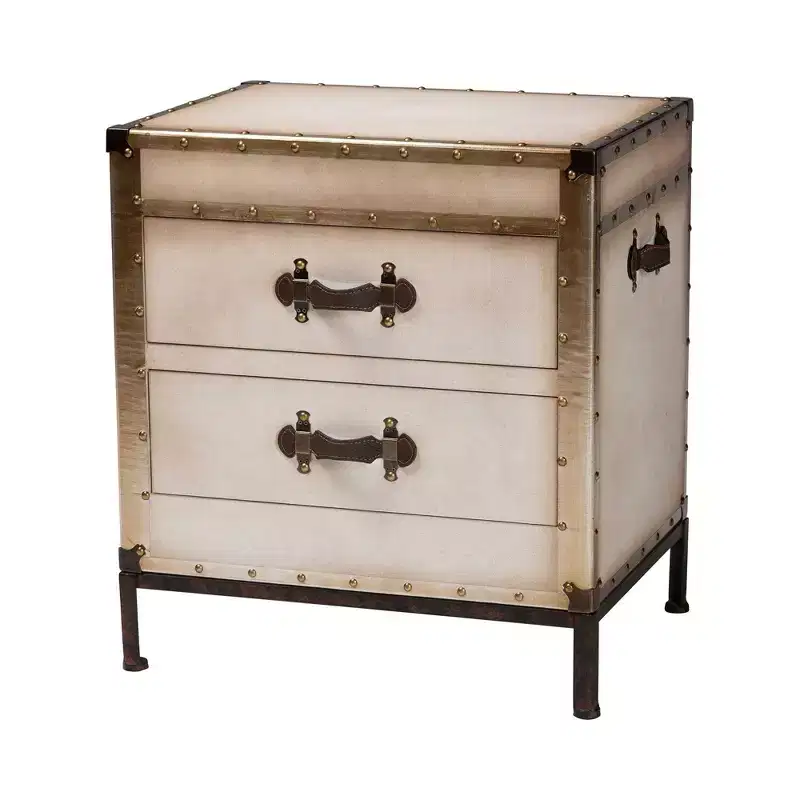 Vintage Canvas 2 Drawer End Table Trunk, White/Coffee/Black