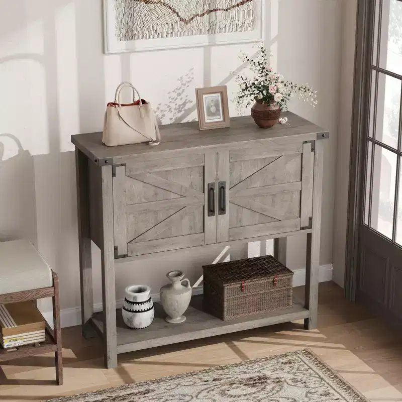 Farmhouse Console Table with 2-Door and 2 Drawers, Buffet Cabinet Wood Coffee Bar Cabinet for Kitchen, Dining Room, Living Room, Entryway (White)