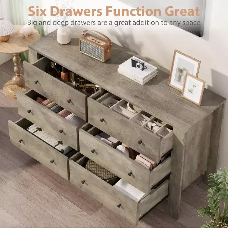6 Drawer Dresser for Bedroom, Modern Double Dresser Organizer with Storage Drawers, Wooden Chests