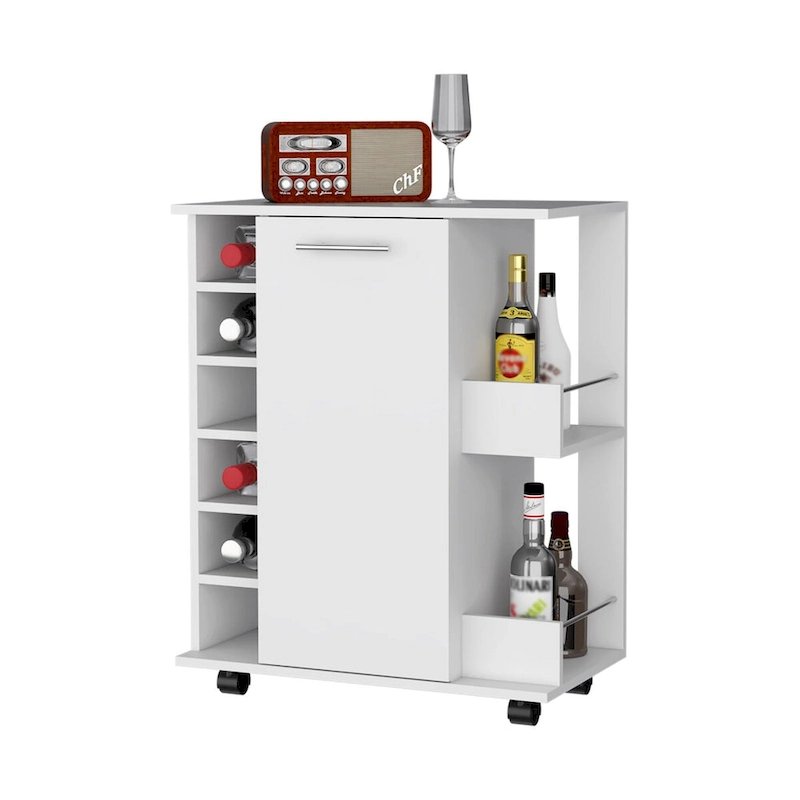 Woodland Bar Cart with Casters, Wine Rack and Open Shelf Black