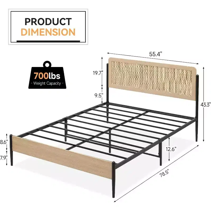 Acekool Full Rattan Bed Frame, Natural Rattan Headboard, Boho Platform, Under Bed Storage, No Box Spring Needed, White Oak