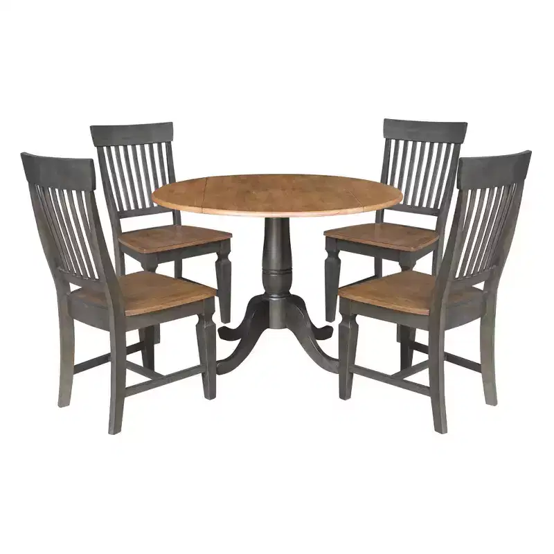 5pc 42" Round Dual Drop Leaf Dining Table with 4 Slat Back Chairs Hickory/Washed Coal - International Concepts: Rubberwood, Pedestal Base