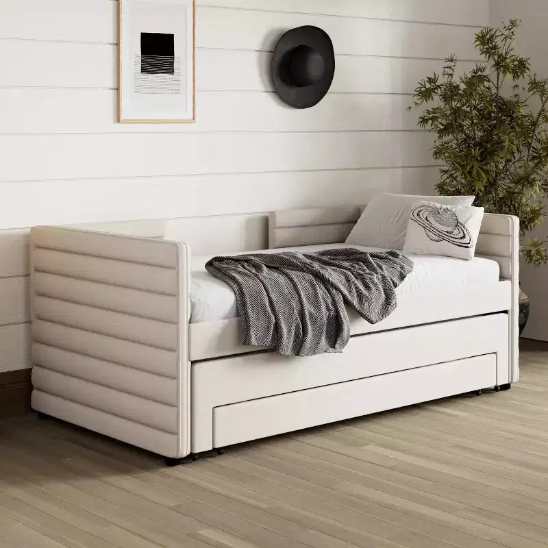 GDFStudio Alston Twin Size Upholstered Daybed with Trundle and Storage Drawers