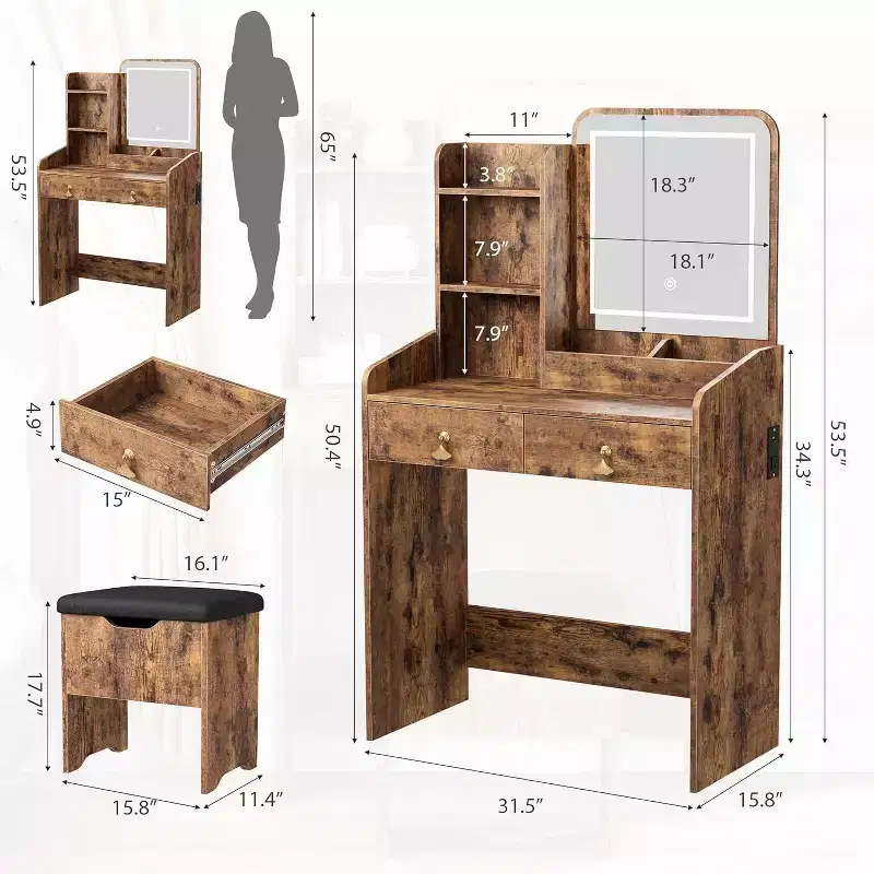 Vanity Desk with LED Mirror and Charging Station, Makeup Table Set with Storage Drawers and Stool, 3 Lighting Modes for Bedroom, Retro Brown