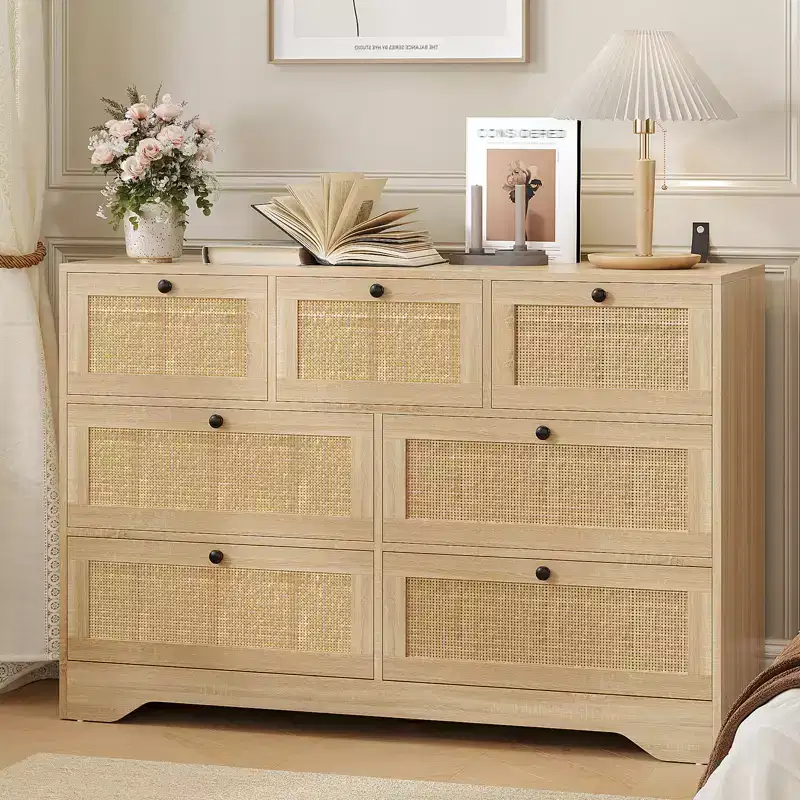 Rattan 7 Drawer Dresser for Bedroom, Farmhouse Modern Dressers & Chests of Drawers, for Closet, Living Room, Entryway, Hallway, Oak