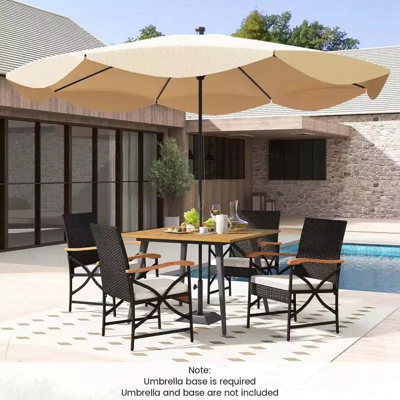 Costway 5 PCS Patio PE Wicker Dining Set Table and Chairs with Cushions 1.9 Umbrella Hole