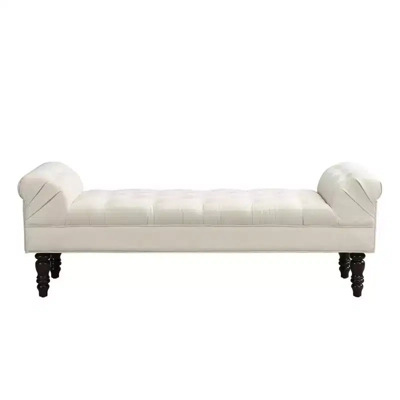 Upholstered Ottoman Bench with Tufted Fabric, Rolled Arms, Gourd Legs and Premium Foam, Easy Assembly