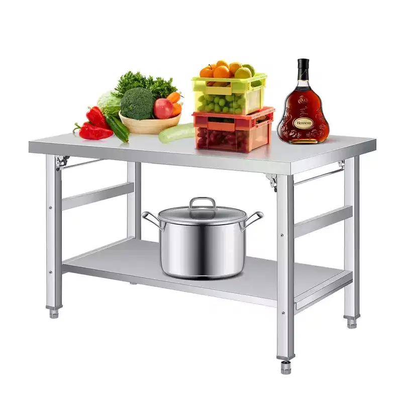 Stainless Steel Folding Prep Table - Heavy-Duty Double-Tier Workbench with Adjustable Undershelf - Lockable Casters - 450-920 lbs Capacity