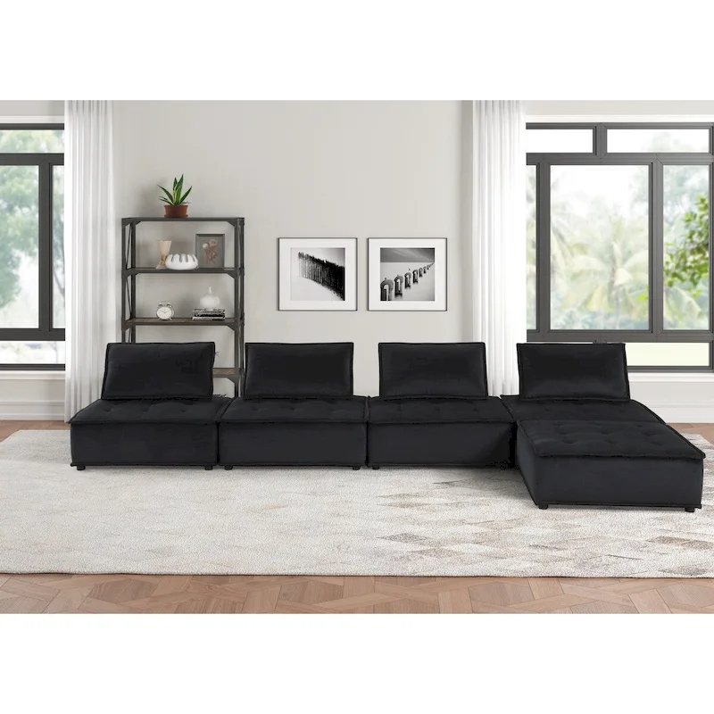Velvet 5-Person Sectional Sofa with Ottoman | L-Shaped Combination Couch