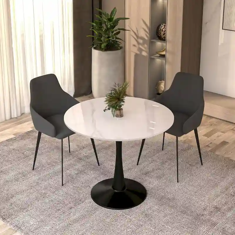 35in Round Dining Table with Sintered Stone Tabletop, Black Steel Pedestal Base, Scratch-Resistant