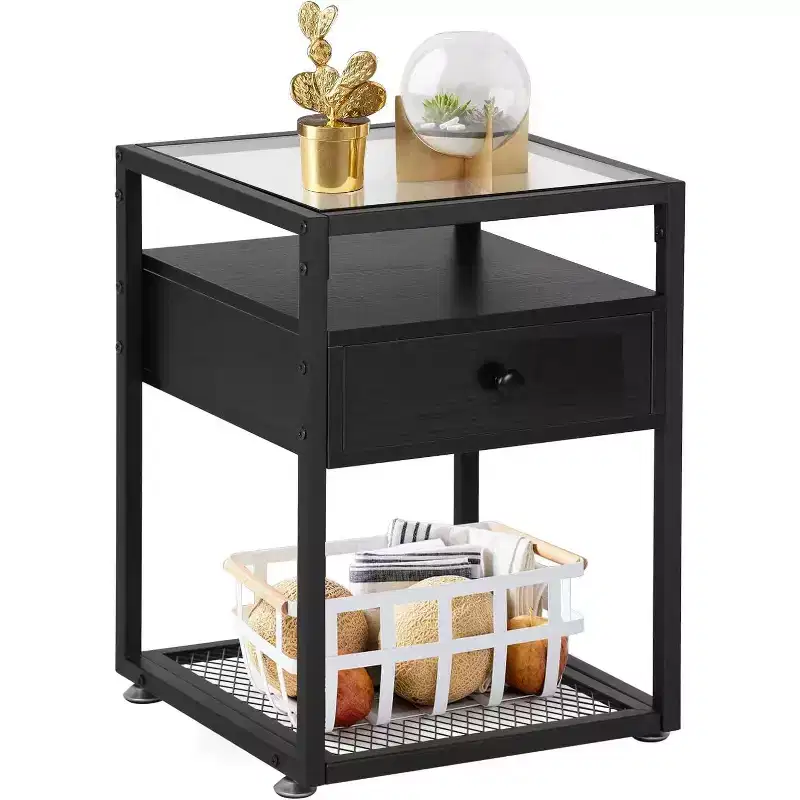 VECELO 1/2 PCs 3-tier Nightstand Glass Top Side End Table with Drawer & Open Shelf Brown/Black