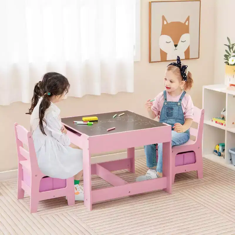 Costway 3 in 1 Kids Wood Table Chairs Set w/ Storage Box Blackboard Drawing Pink