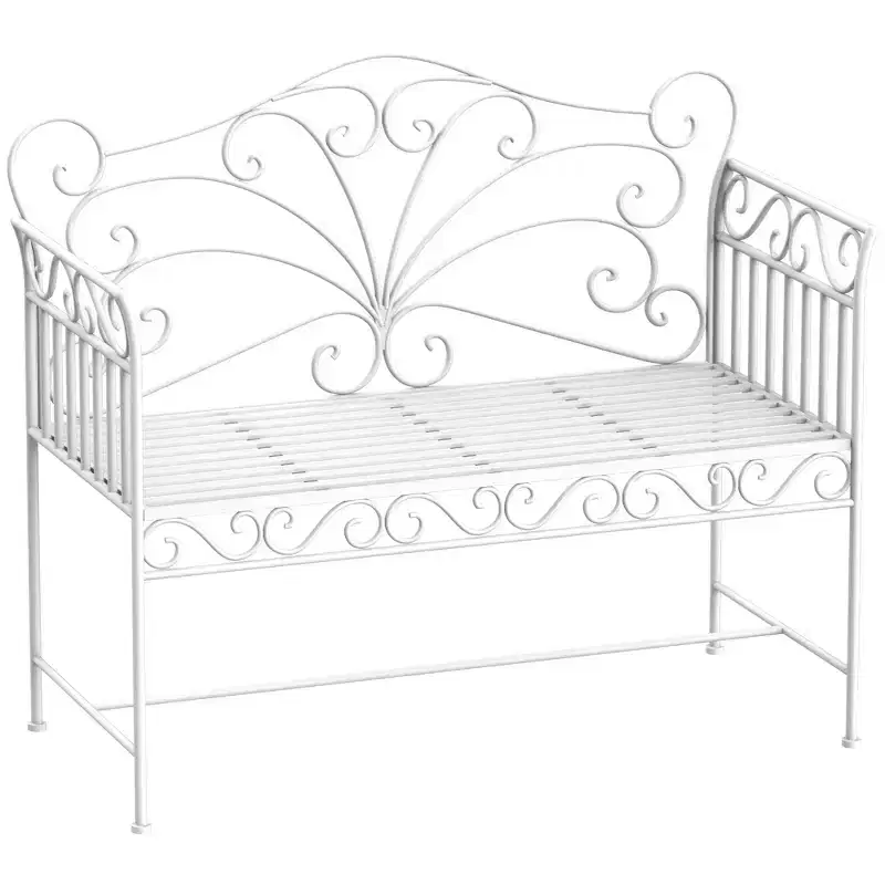 Outsunny 44.75 Antique-Style Outdoor Patio Garden Bench, Metal Loveseat with Ivy Pattern on the Backrest, Cream White