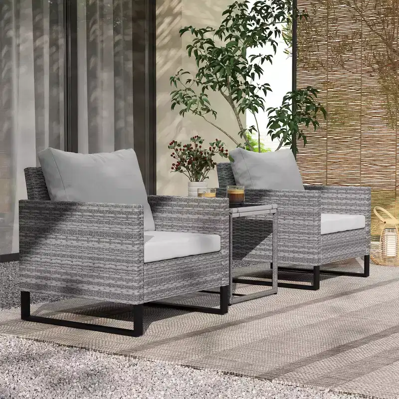 3PCS Patio Set, Wicker Bistro Set with Cushions, Rattan Chairs, Glass Coffee Table for Backyard, Porch, Balcony