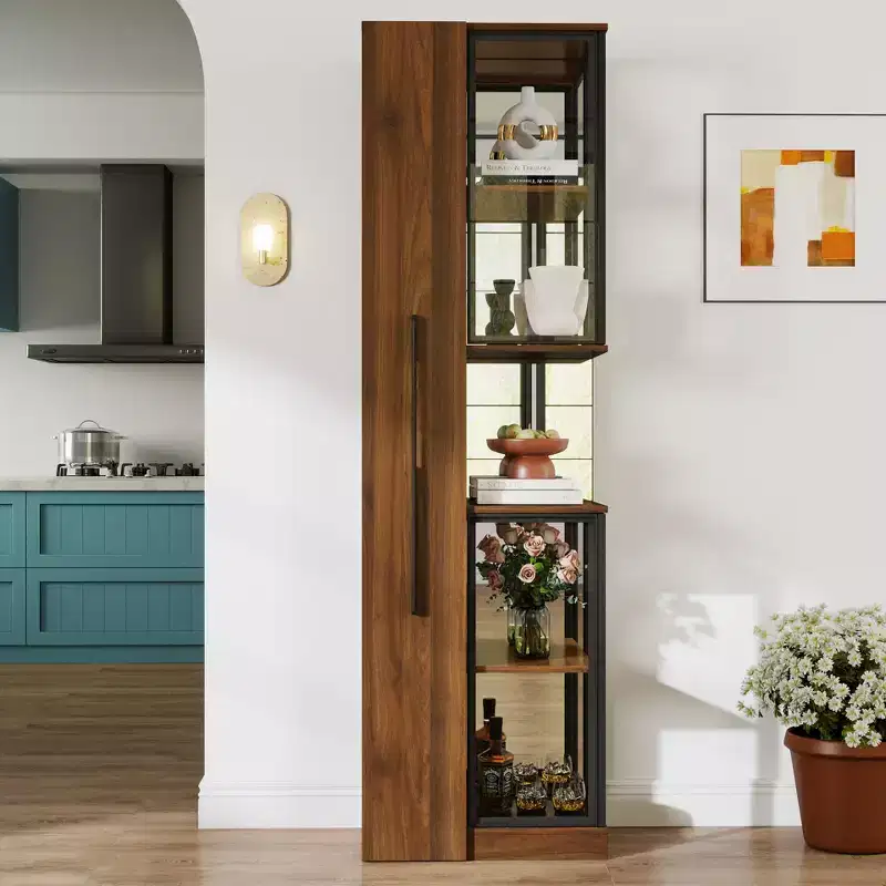 Rustic Wooden 70 Display Cabinet with Glass Doors and Lights