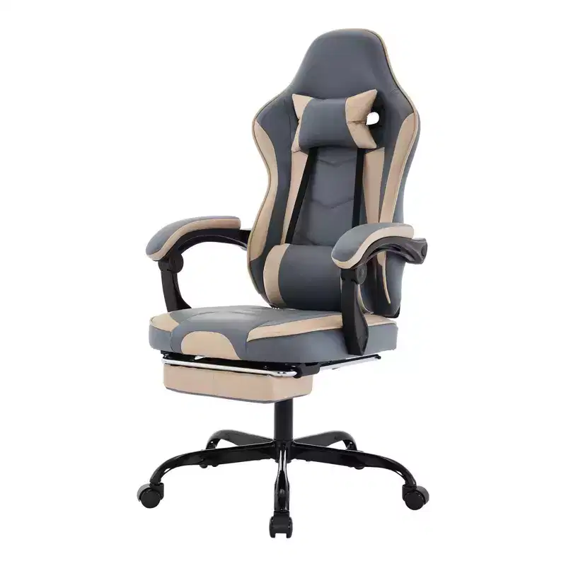 MAYEERTY Gaming Chair, Ergonomic Computer Chair with Footrest and Massage Lumbar Support, Height Adjustable Swivel Video Game Chair Blue Beige