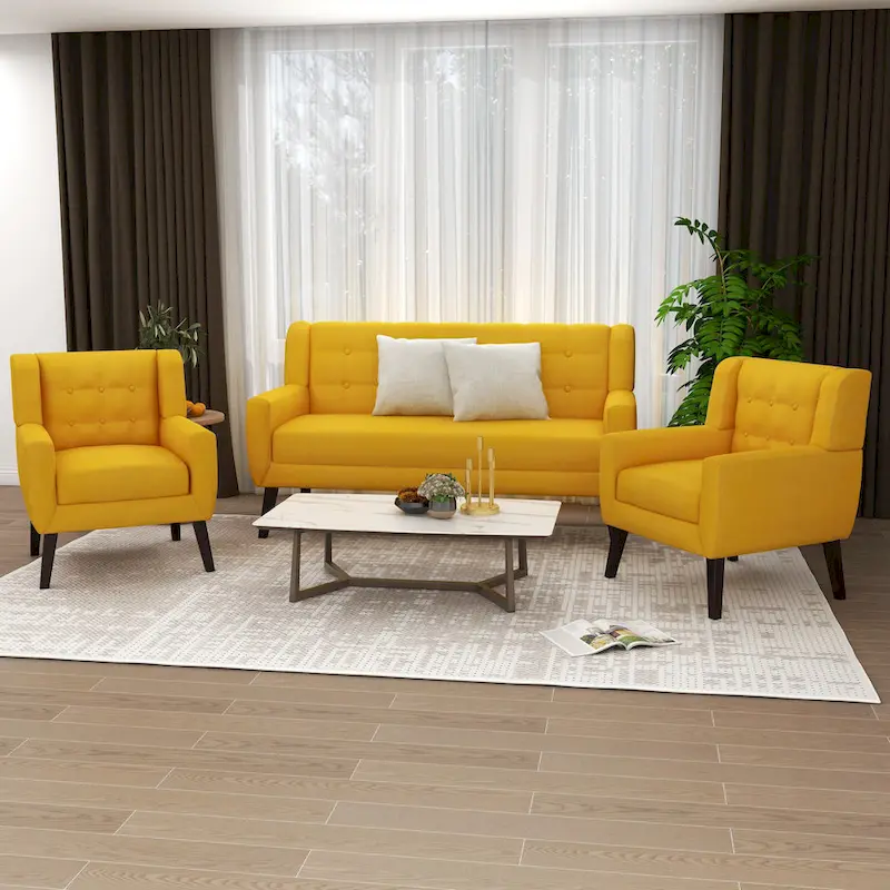 3-Piece Tufted Linen Armchair and Loveseat Set