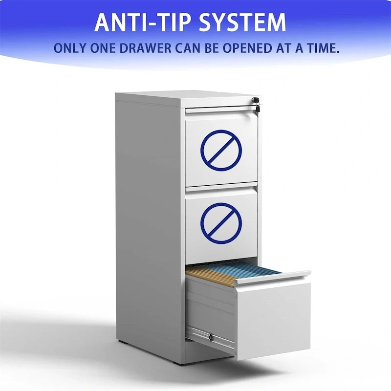 White/Black 3-Drawer Vertical Steel File Cabinet with Lock, Single User