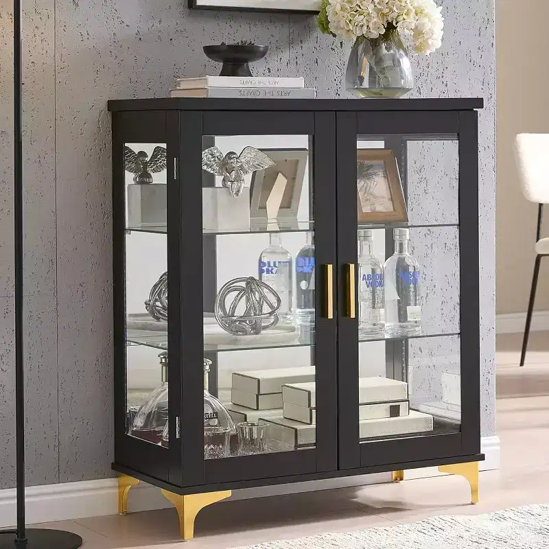 Kings Brand Furniture Modern Buffet Display Curio Cabinet with Glass Doors and Adjustable Shelves