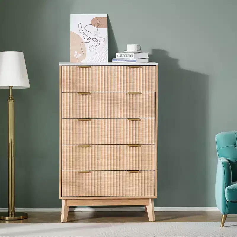 VEVOR 5 Fluted Drawer Dresser, Wooden Chest of Drawers with Sliding & Anti-tip Device, Modern Minimalist Dresser Chest, Beige