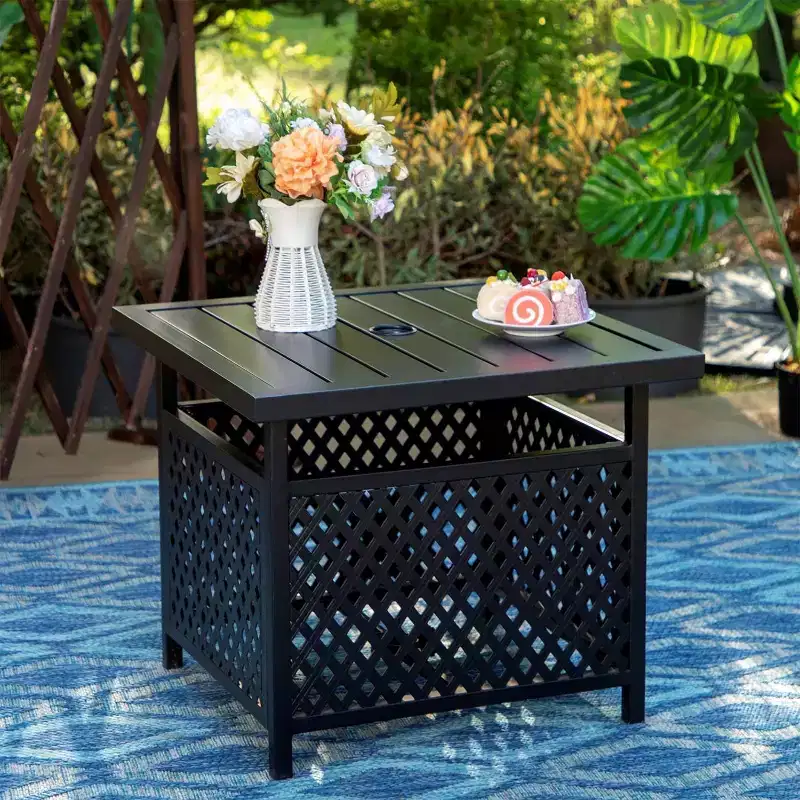 3pc Patio Dining Set with 22" Square Metal Table with Umbrella Hole & 2 Rattan Chairs - Black - Captiva Designs