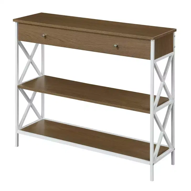 1 Drawer Console Table with Shelves Driftwood/White: Metal Frame, MDF Top, Entryway Storage