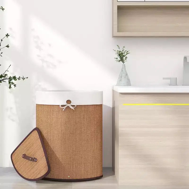 Costway Corner Bamboo Hamper Laundry Basket Washing Cloth Bin Storage Bag Bamboo