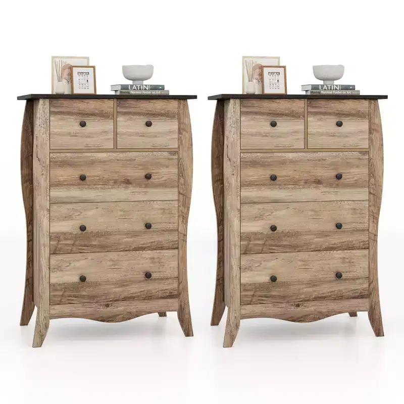 Costway 2PCS 38 Farmhouse Chest of Drawers w/ 5 Folding Fabric Drawers & Anti-tipping Kit