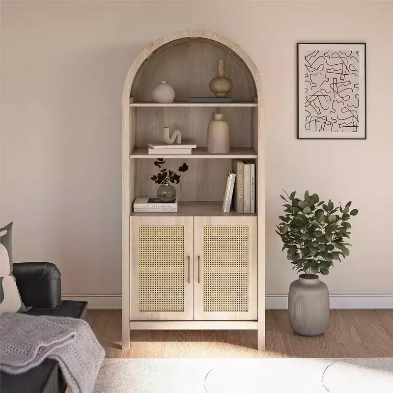 Bohemian Arched Display Cabinet with 2 Faux Rattan Doors, 5 Adjustable Shelves for Living Room, Kitchen, Beige