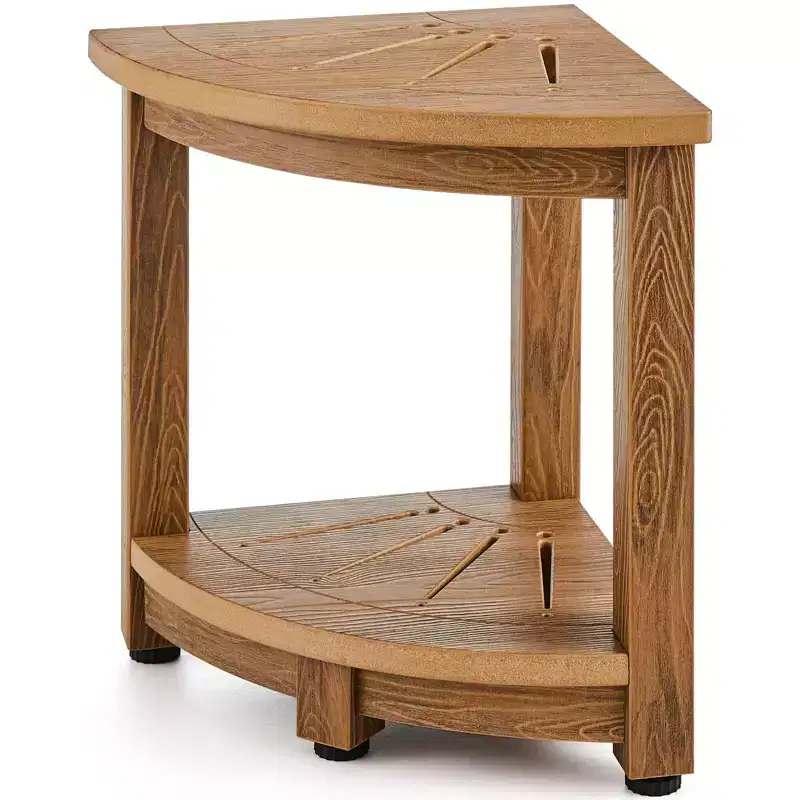 Corner Shower Bench 16.5 Inch Faux Wood Grain Stool with Storage Shelf 350 lbs Capacity Water Resistant Polystyrene with Drainage Holes