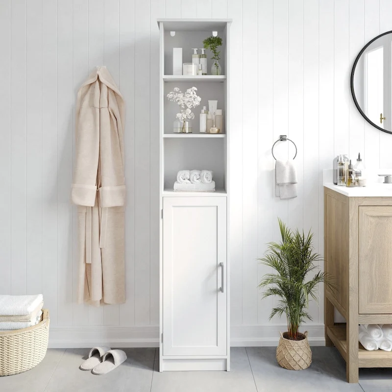 Modern Freestanding Linen Tower with Shelves and Magnetic Close Door