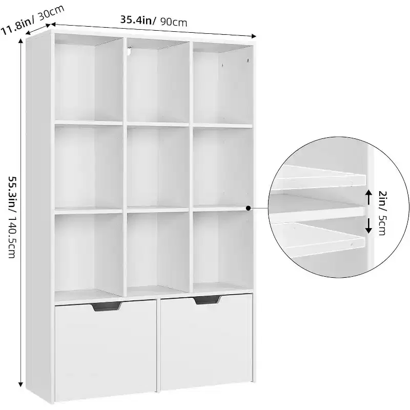 9-Cube Storage Organizer with 2 Drawers, 3-Tier White Bookshelf for Kids Room, Living Room, Office & Bedroom