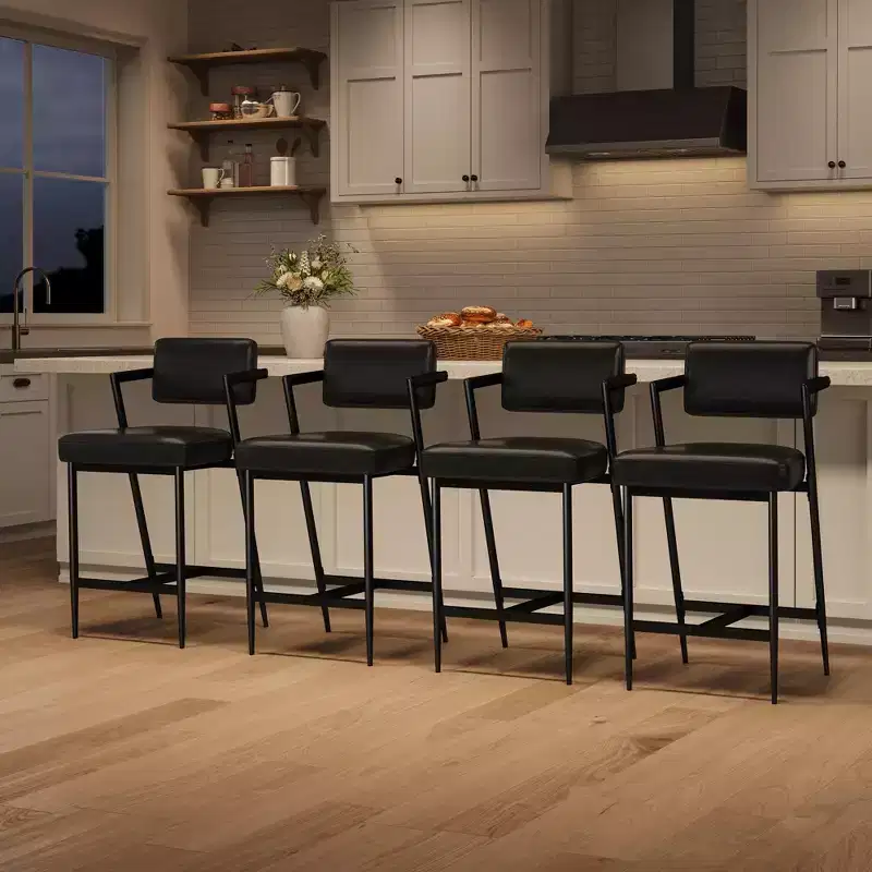 Bar Stools Set of 2, Tall Bar Chairs with Thick Cushion & Thickened Metal Legs, Upholstered Counter Height Bar Stools w/Backrest and Footrest