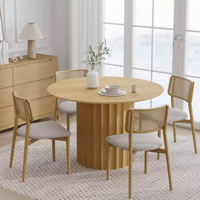 Mid-Century Round Dining Table Wood Kitchen Table for 4 People - Natural Wood