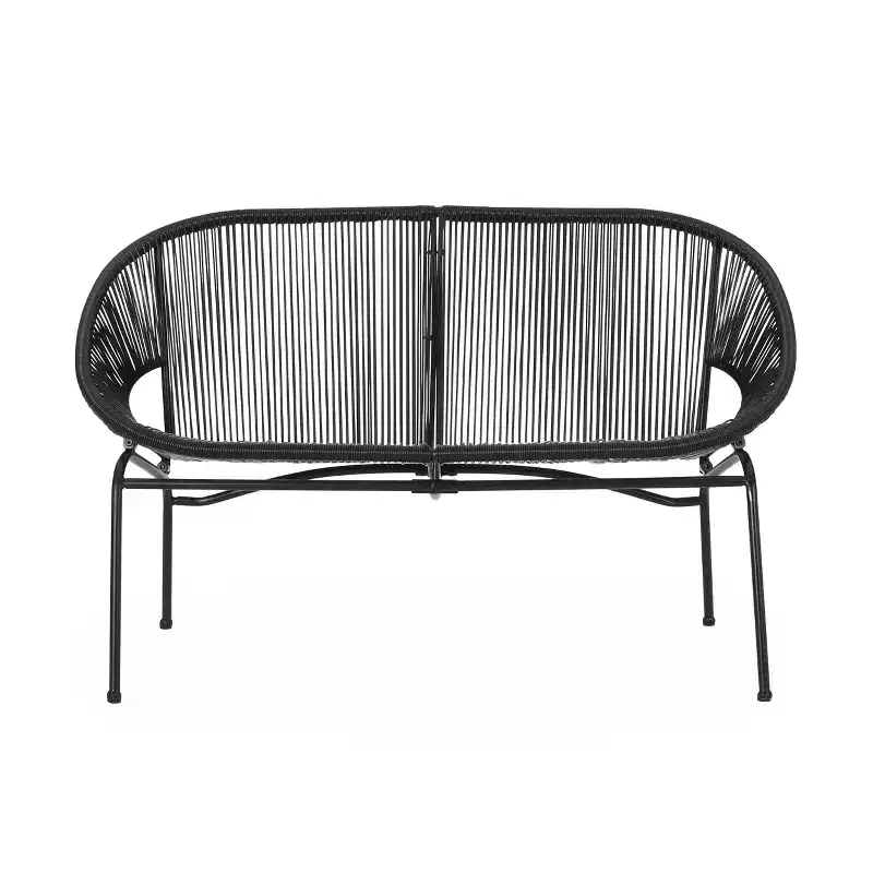 Okak Industrial PP Rattan Patio Loveseat Iron 2-Seater Accent Chair,Modern Outdoor Lounge Chair for Porch,Backyard&Garden,Patio Furniture Seating