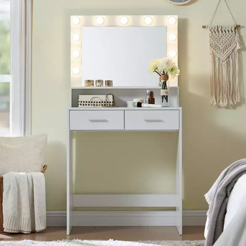 Okak Elegent Vanity Desk with Wide Mirror, Small Vanity Desk with 2 Drawers and Shelf, Compact Vanity for Bedroom, Living Room, Studio