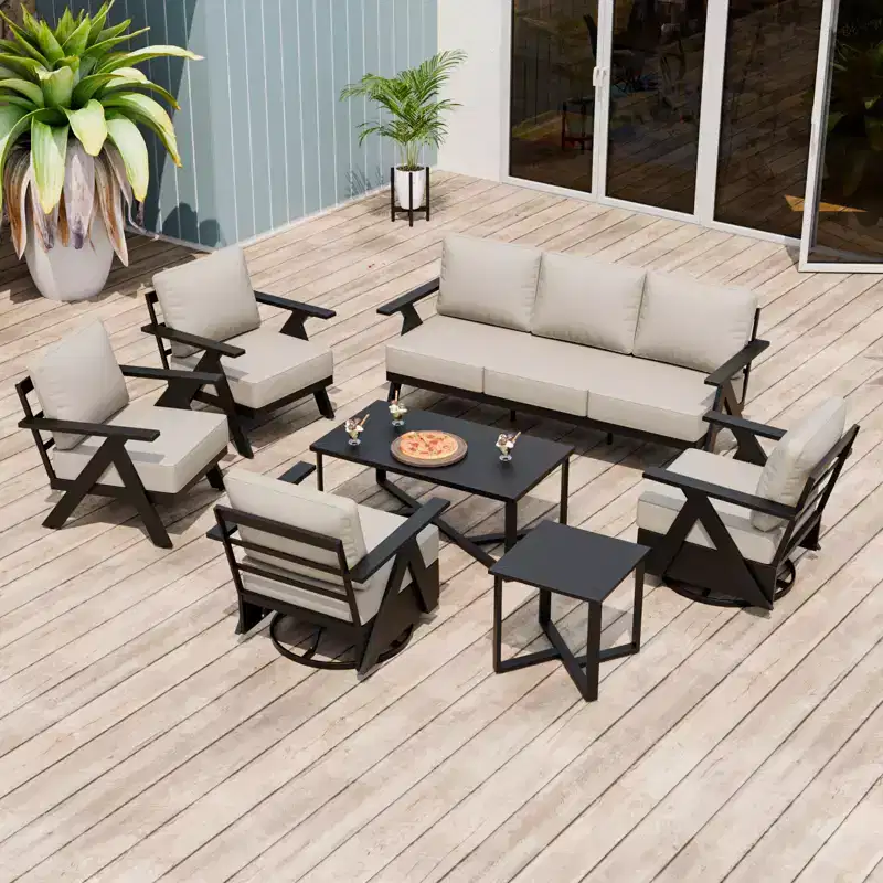 EAGLE PEAK Urban Slate 7 Piece Modern Outdoor Patio Furniture Set, Couch, Swivel Rocking Chairs, Patio Chairs, Coffee Table, and Side Table