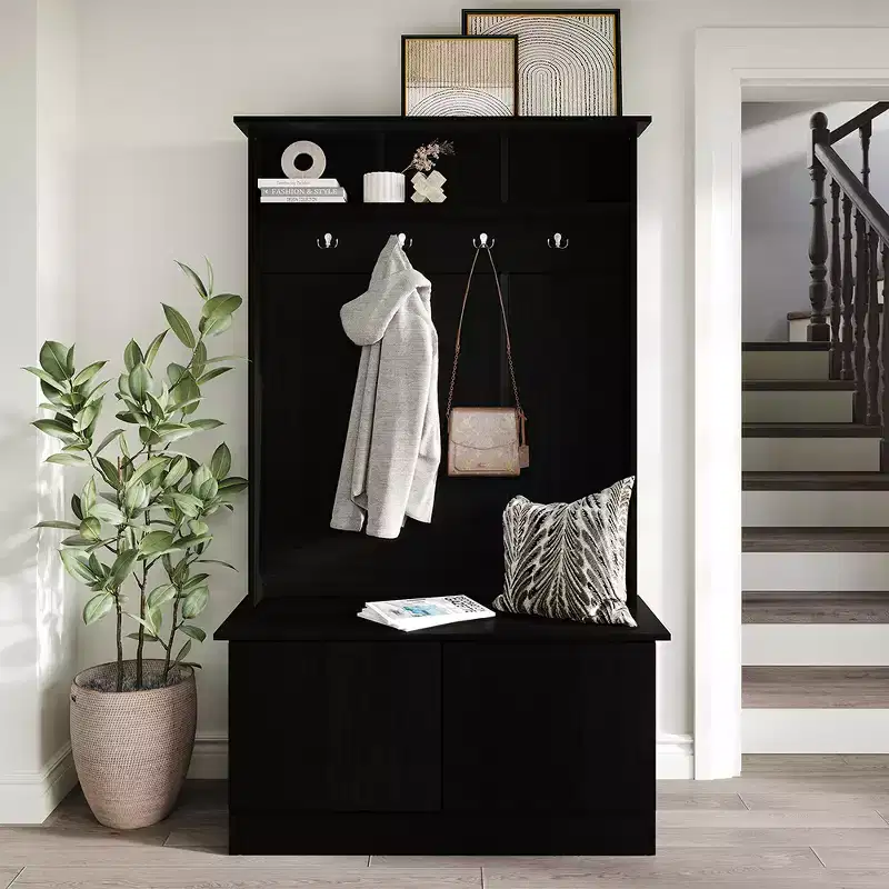 Hall Tree with Storage Bench, Entryway Coat Rack with Hooks & Shoe Storage