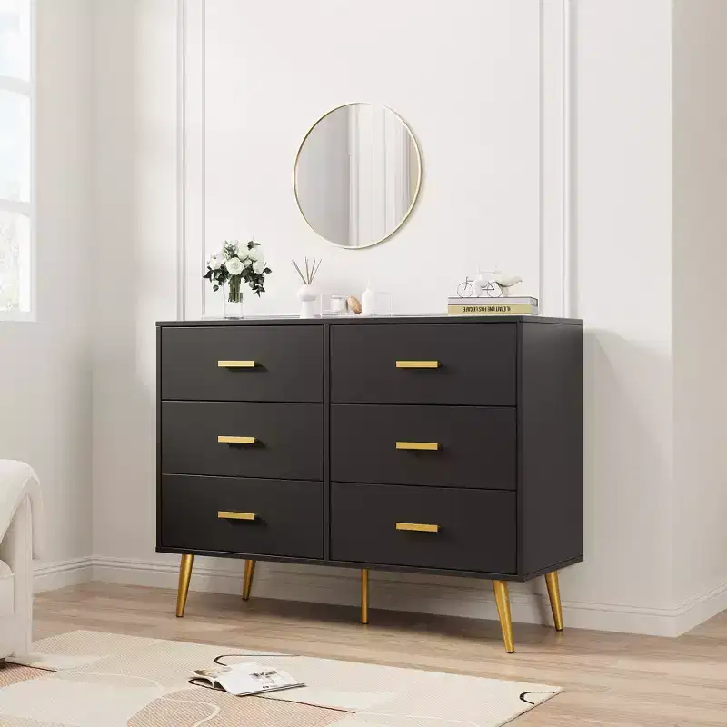 6 Drawer Wooden Dresser with Gold Knobs, Large Storage Chest for Bedroom Living Room or Entryway, Modern Bedroom Furniture