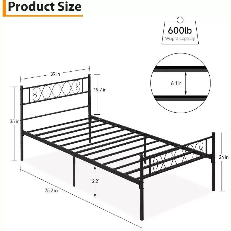Acekool Twin Metal Platform Bed Frame with Heart-Shaped Headboard & Footboard, 12.2 Under-Bed Storage, Heavy-Duty Metal Slat Support,Black