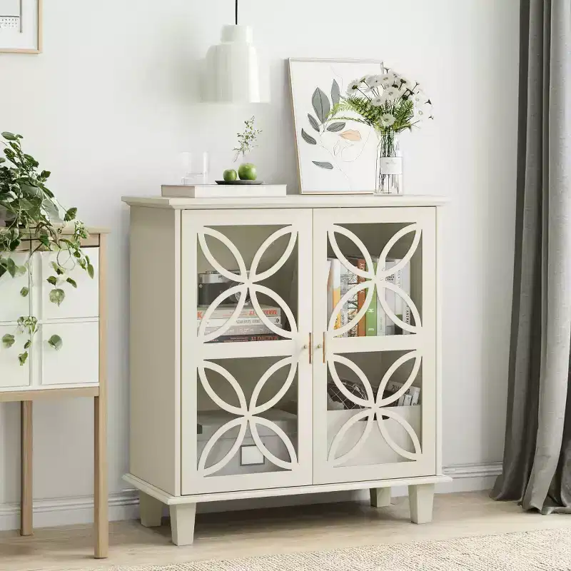 32 Cream Accent Cabinet with Glass Doors, Modern Retro Sideboard Buffet with Geometric Petal Design & Solid Wood Legs - Panipeachy