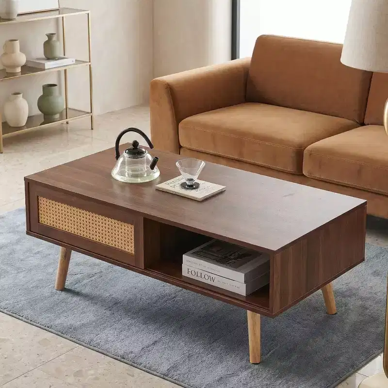 Fun little toys brand PE Rattan Coffee table, Sliding Door for Storage, Solid Wood Legs, Modern Table for Living Room , Walnut Color