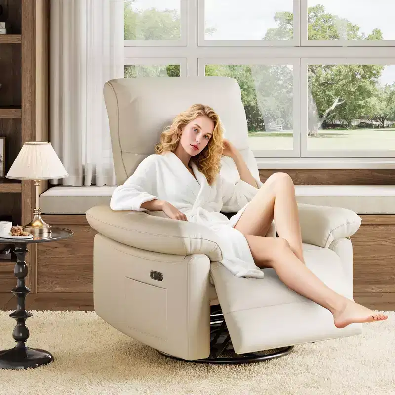 Power Recliner Chair with Swivel, Glide, and Rock Functions, PU Leather, USB Ports, Beige