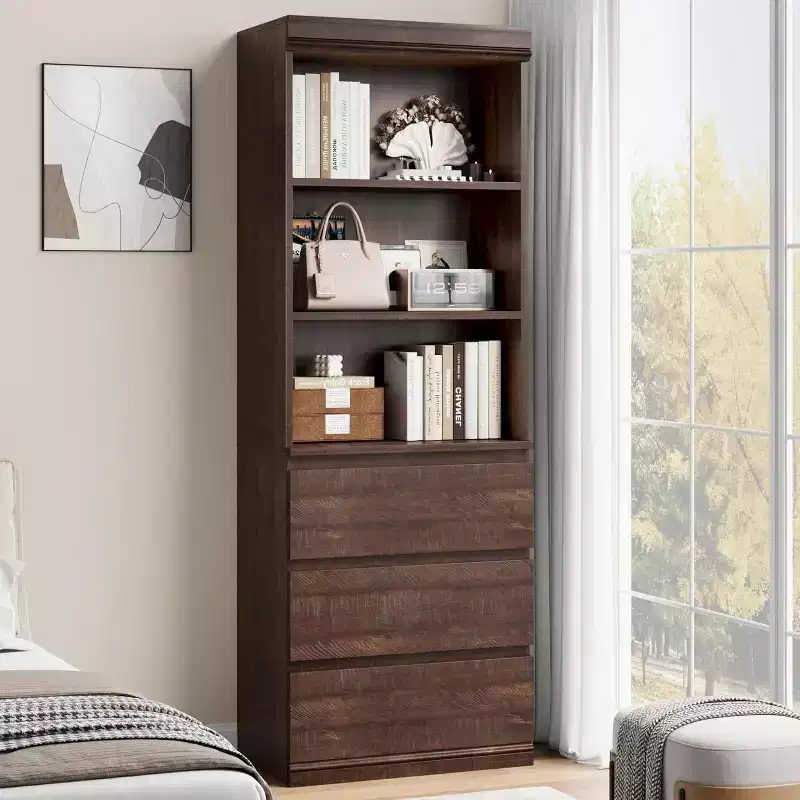 70 Tall Bookcase with Drawers, Deep Wooden Bookshelf Storage Cabinet Organizer, Farmhouse Style, Home Office/Living Room, Brown