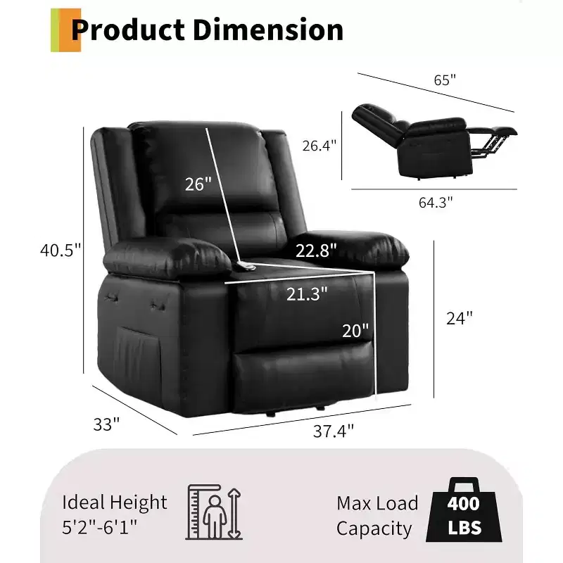 PU Leather Recliner Chair - Heat and Massage, Lift Recliner for Elderly & Mobility Impaired, Adjustable Back and Legs, Heavy Duty Lift Chair