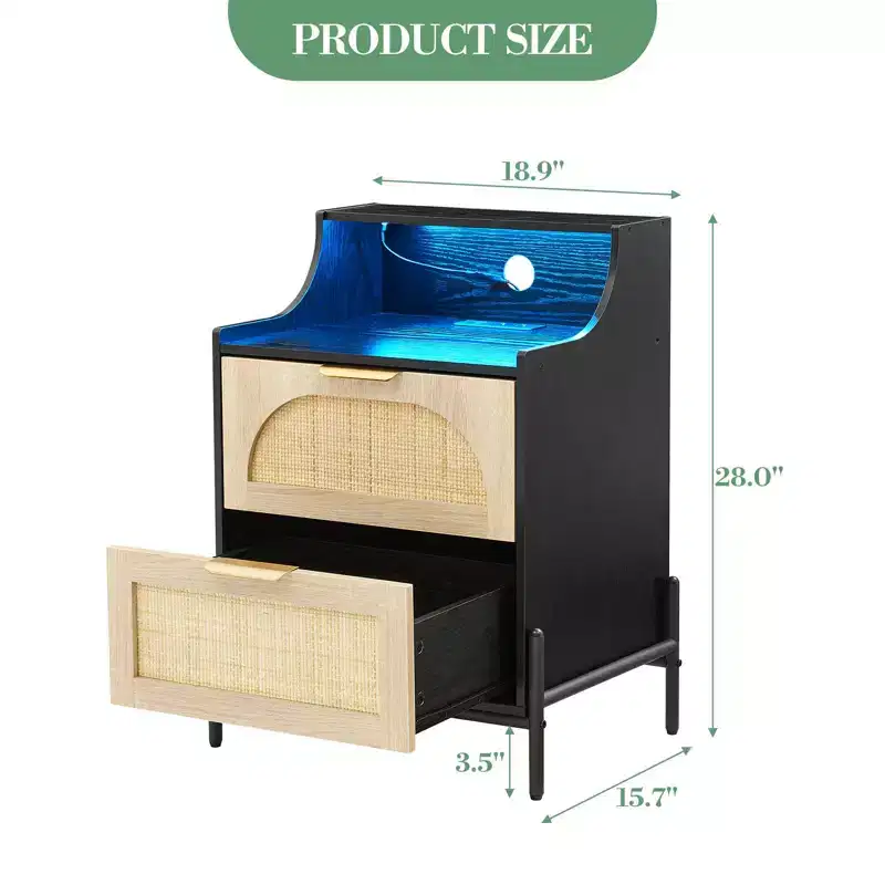 Rattan Nightstand with Charging Station, Wooden Accent End Table with 2 Drawers, Sofa Side Table for Living Room Bedroom